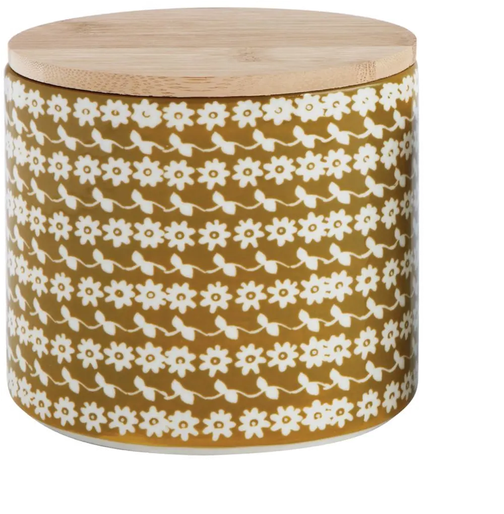 DA9421/GLDCANISTER Gold Stoneware Canister With Bamboo Lid And Flower Pattern-1