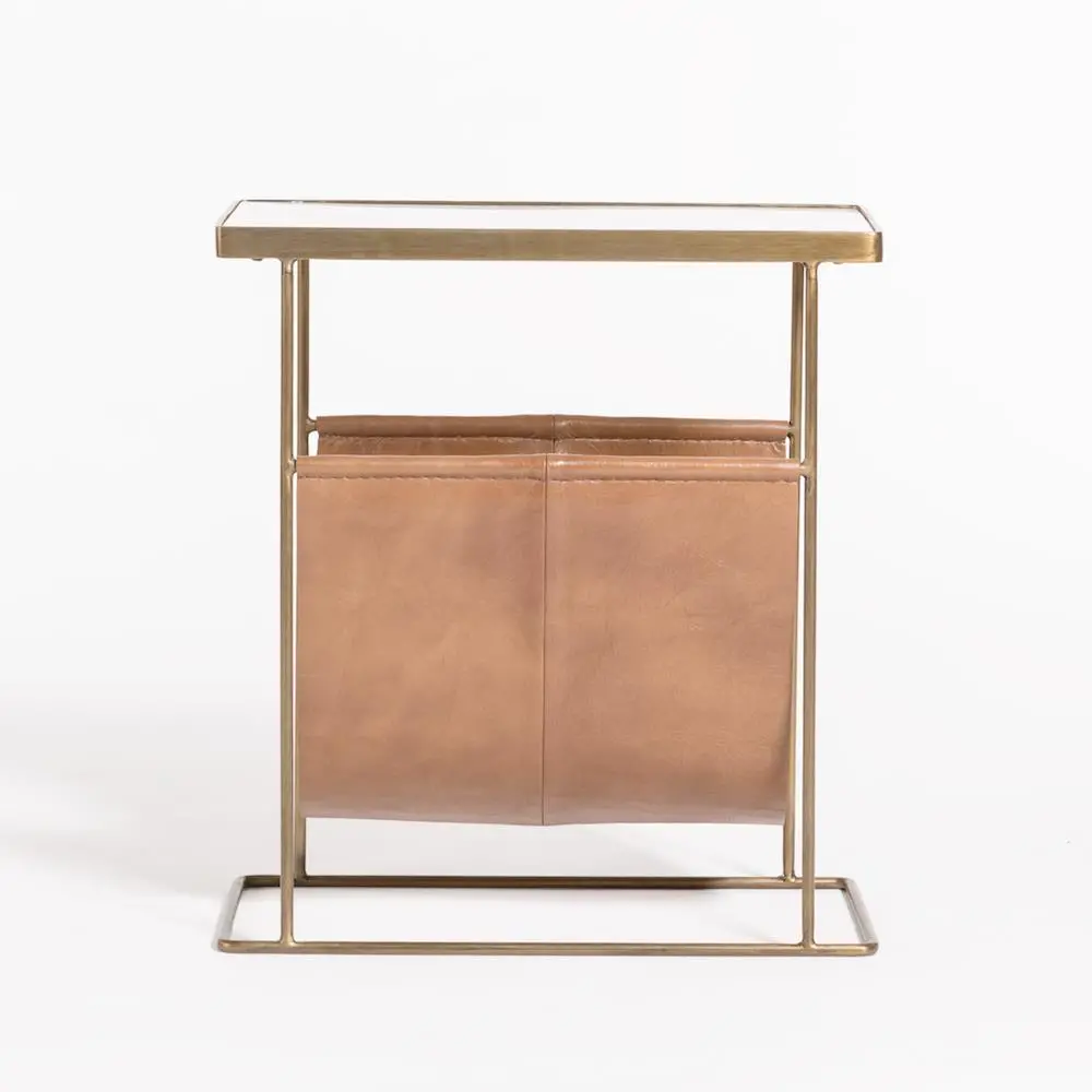 Brass and Marble Magazine Side Table with Tan Leather Pouch-1