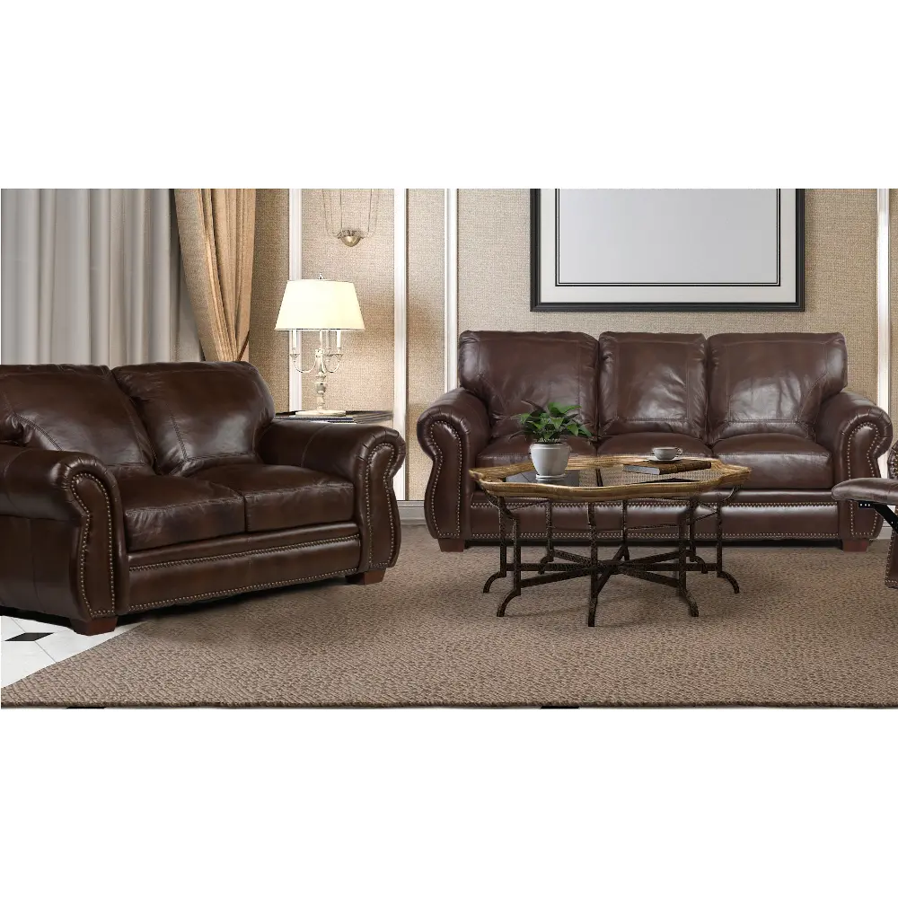 Traditional Brown Leather 2 Piece Living Room Set - Molasses-1