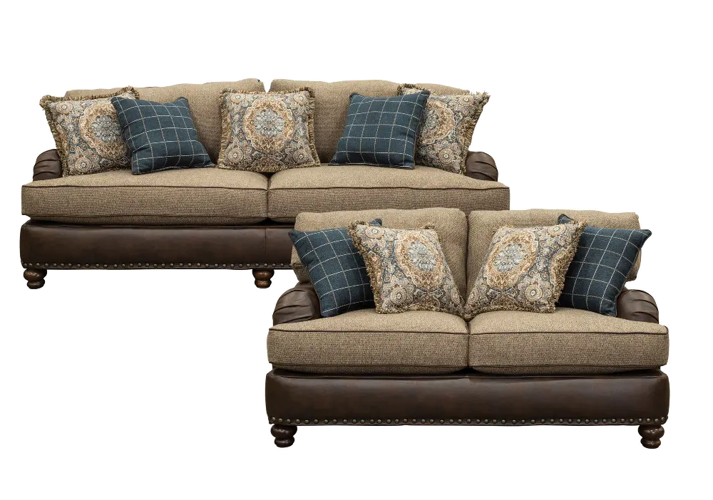 Traditional Two-Tone Brown 2 Piece Living Room Set - Cognac-1