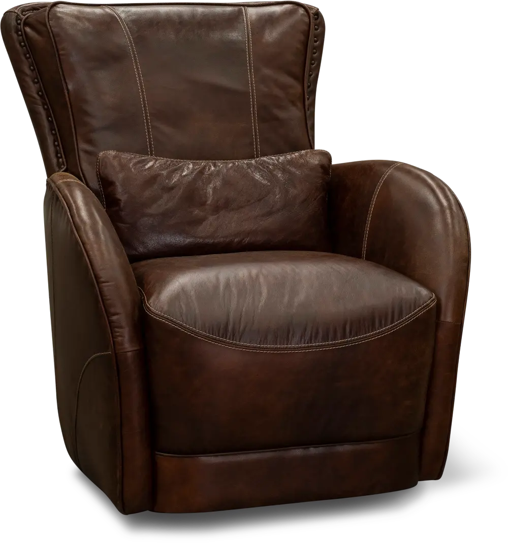 Antique Brown Leather Swivel Chair with Kidney Pillow - Pinkerton-1