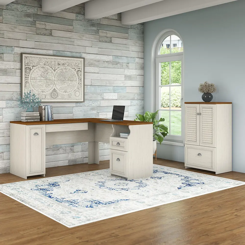 FV009AW Fairview Antique White and Tea Maple 2 Piece Office Desk Set-1