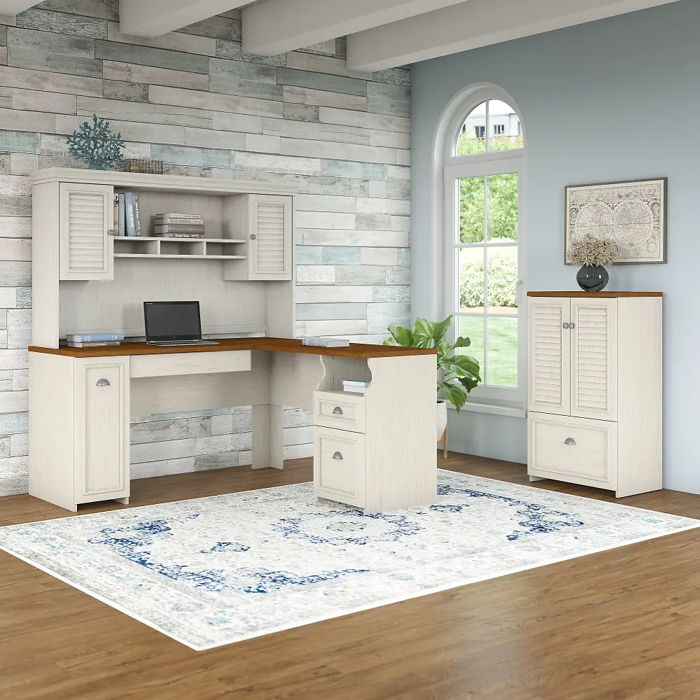 FV010AW Fairview Antique White and Tea Maple 3 Piece Office Desk Set-1
