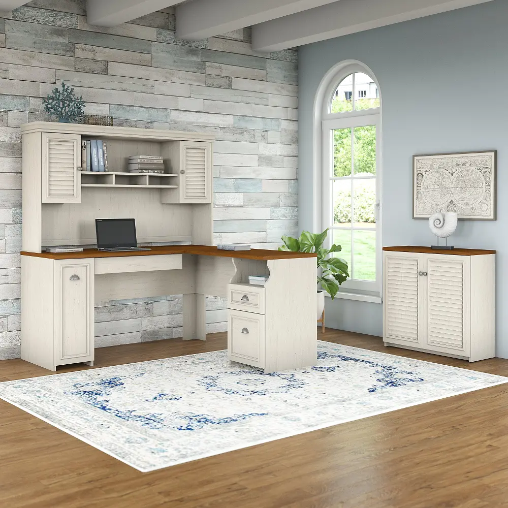 FV012AW Fairview Antique White and Tea Maple 3 Piece Office Desk Set-1