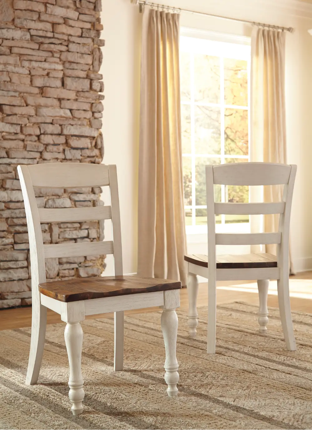 Set of 2 Vintage Casual Antique White Dining Chairs - Marsilona-1