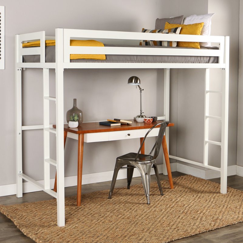 Premium Deluxe White Twin Metal Loft, Walker Edison Twin Metal Loft Bed With Desk And Shelving White