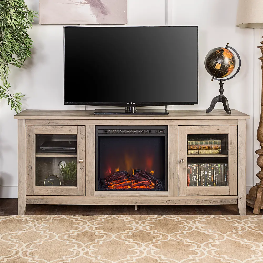 W58FP4DWGW Transitional Gray Wash 58 Inch Fireplace TV Stand-1
