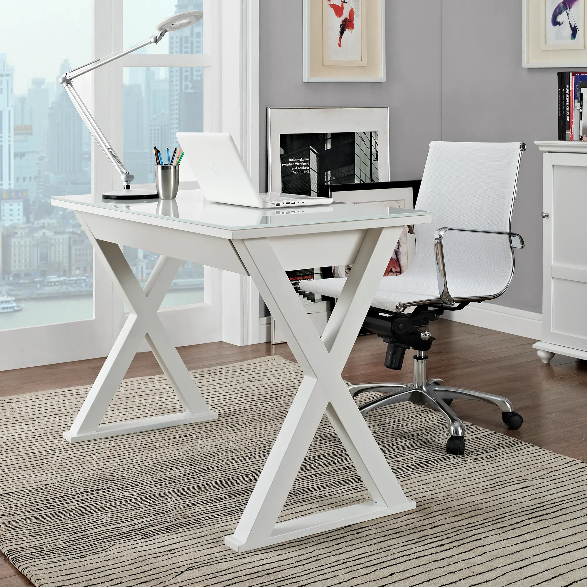 Photos - Office Desk Walker Edison White 48 Inch Metal and Glass Desk -  D48X30WH 