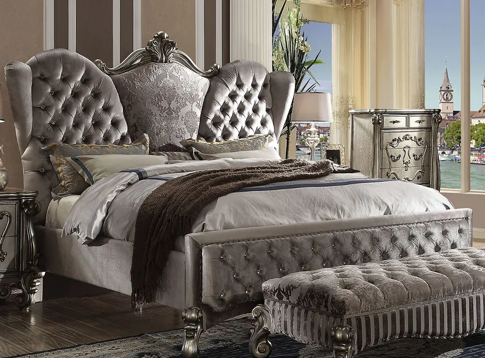 Traditional Platinum Queen Upholstered Bed - Versailles-1