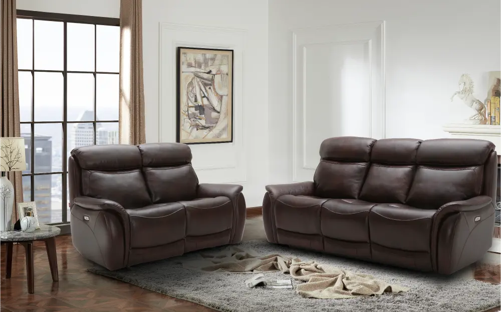 Brown Leather-Match Power Reclining Living Room Set - Happy Happy-1