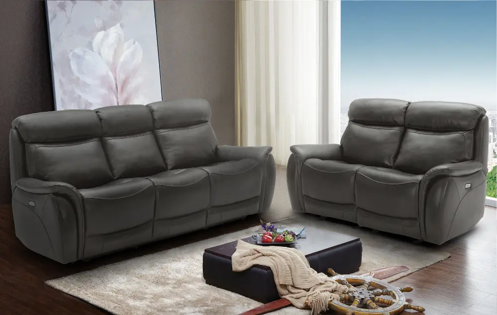 Gray Leather-Match Power Reclining Living Room Set - Happy Happy-1