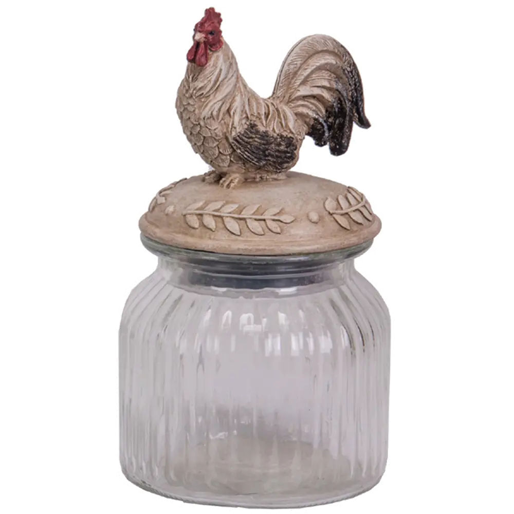 Glass Jar with Polystone Rooster on Lid-1