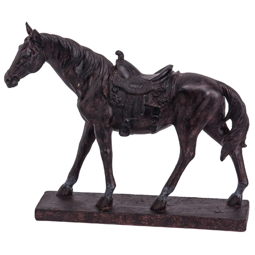 Resin Rustic Saddled Horse Sculpture On Base-1