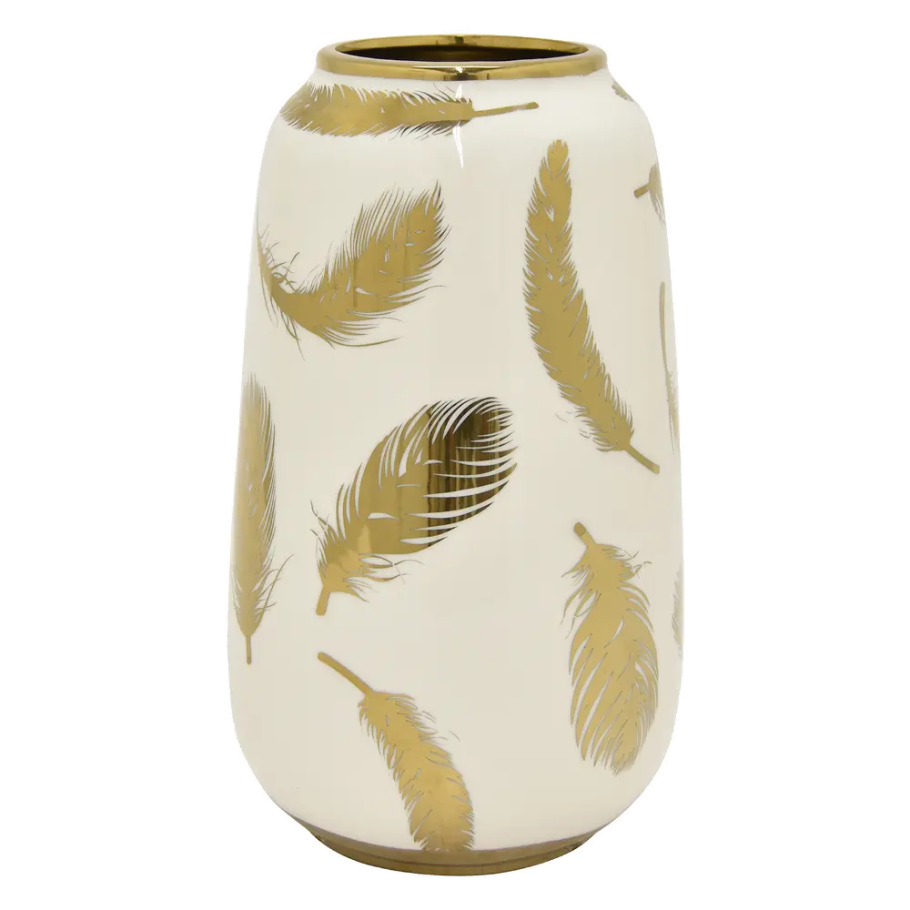 11 Inch White Porcelain Vase with Gold Feathers-1