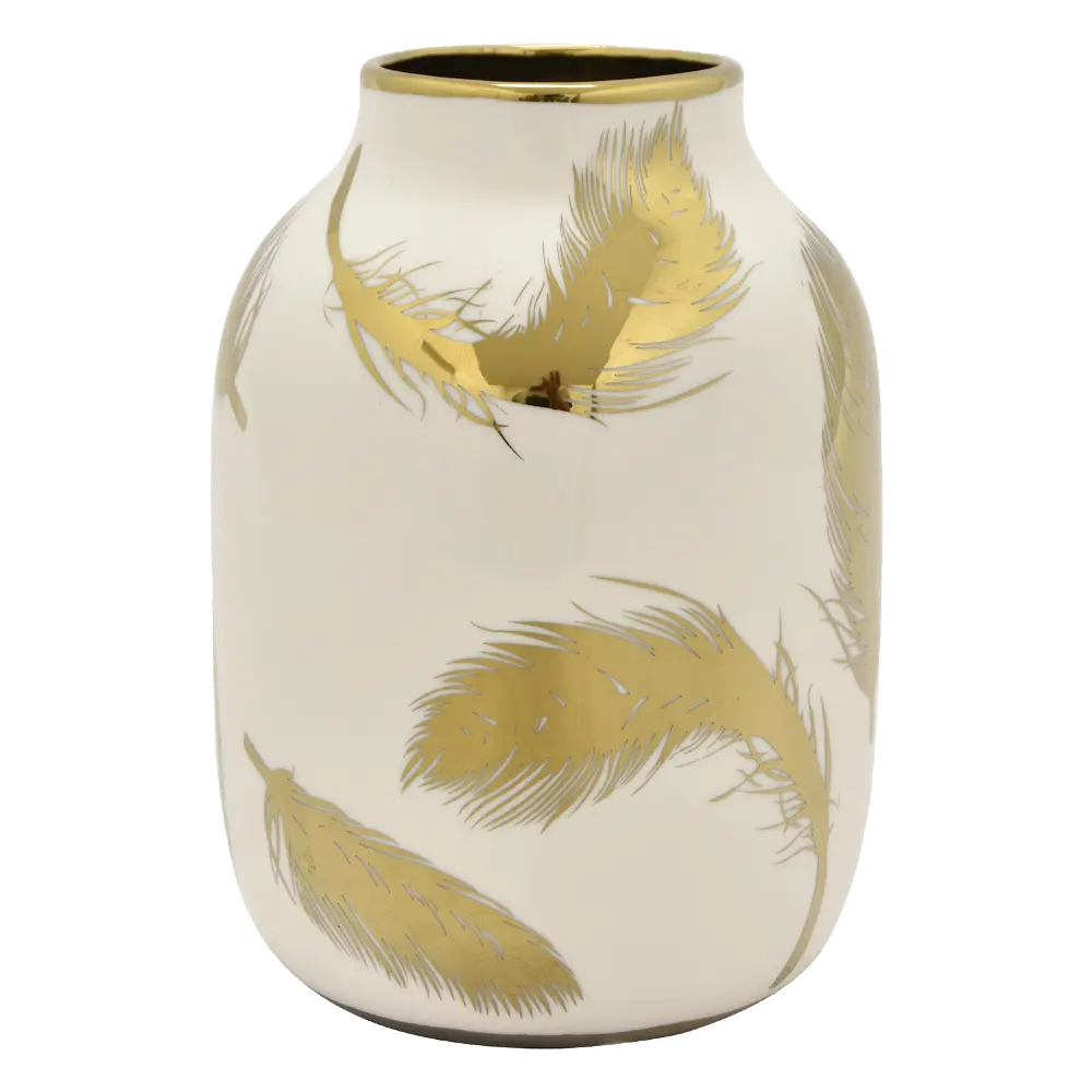 7 Inch White Porcelain Vase with Gold Feathers-1