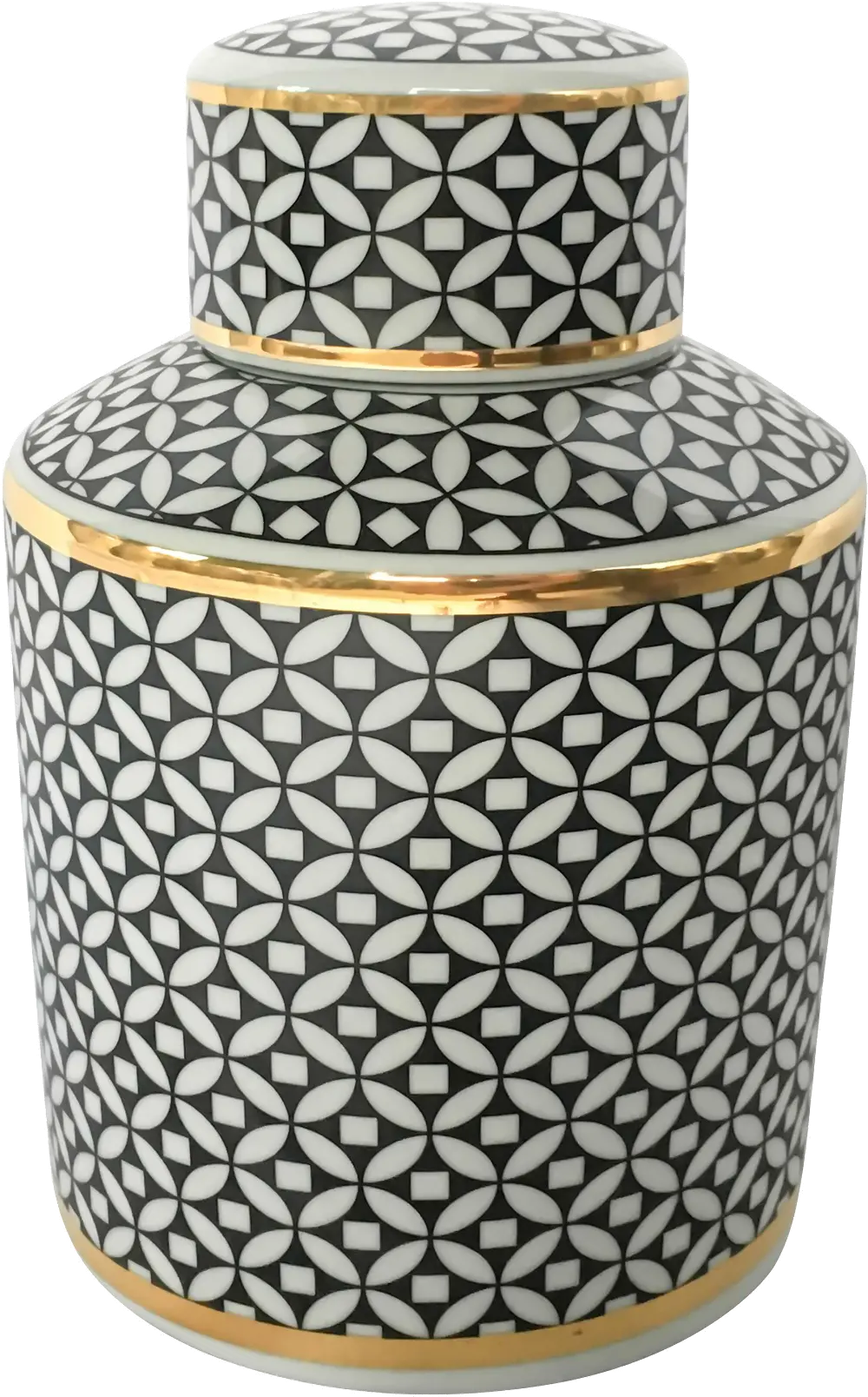8 Inch Black and White Lidded Jar with Gold Trim-1
