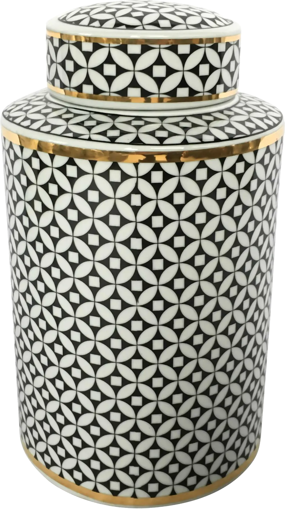 12 Inch Black and White Lidded Jar with Gold Trim-1