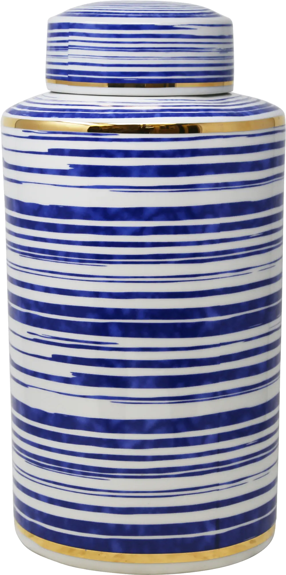 16 Inch White, Blue and Gold Striped Ceramic Lidded Jar-1
