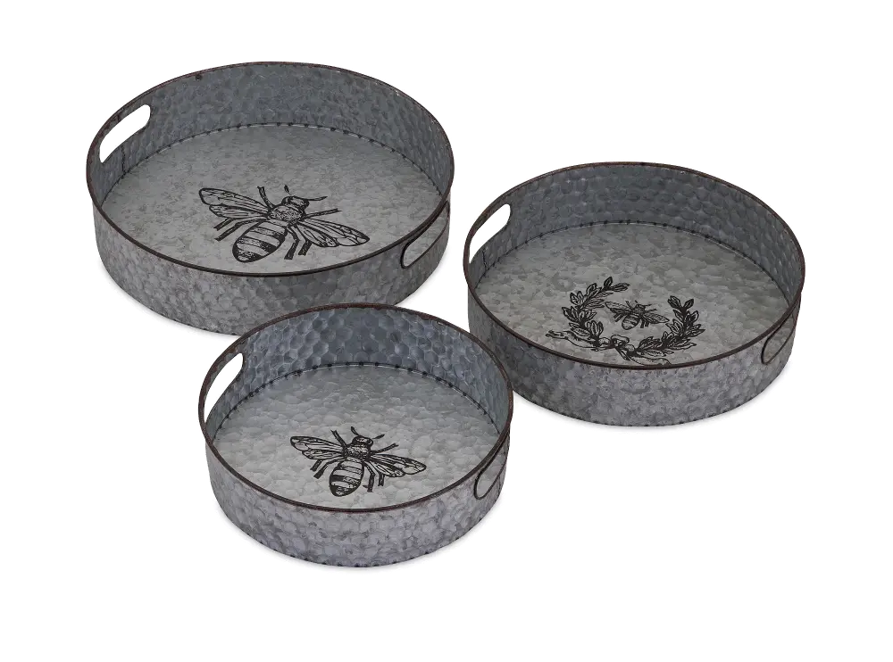 12 Inch Zinc Honeybee Round Tray with Cut Out Handles-1