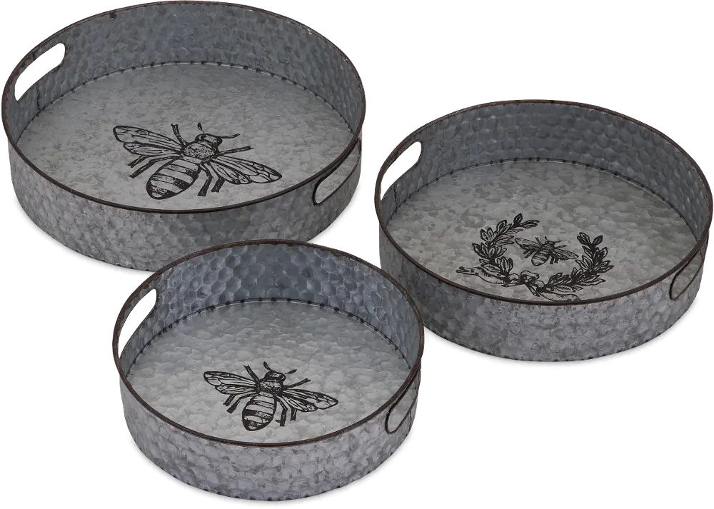 16 Inch Zinc Honeybee Round Tray with Cut Out Handles-1