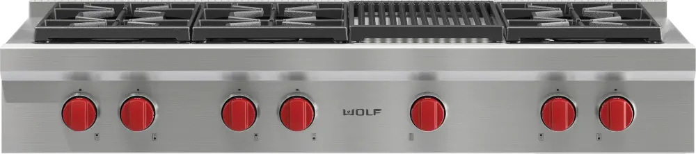 SRT486C-LP Wolf 48 Inch Sealed Burner LP Gas Rangetop with Six Burners and Infrared Charbroiler - Stainless Steel-1