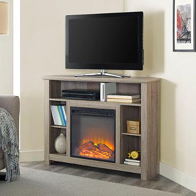 Barn Wood Corner Fireplace Tv Stand, Corner Tv Stand With Built In Surround Sound And Fireplace