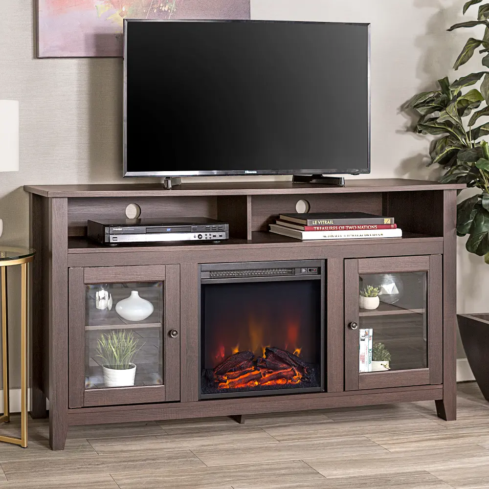 W58FP18HBES Espresso Brown 58 Inch Highboy Fireplace TV Stand - Walker Edison-1