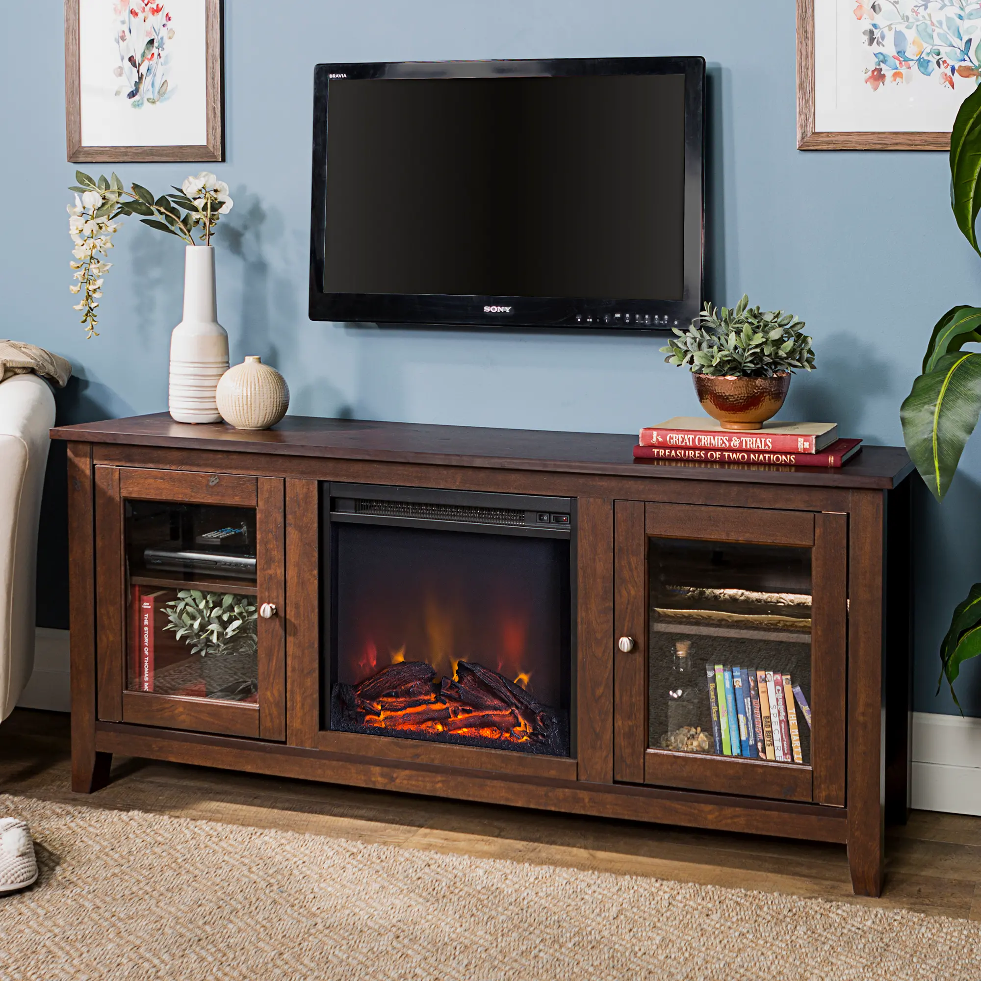 Dark Brown Traditional 58 Inch Fireplace TV Stand - Walker Edison