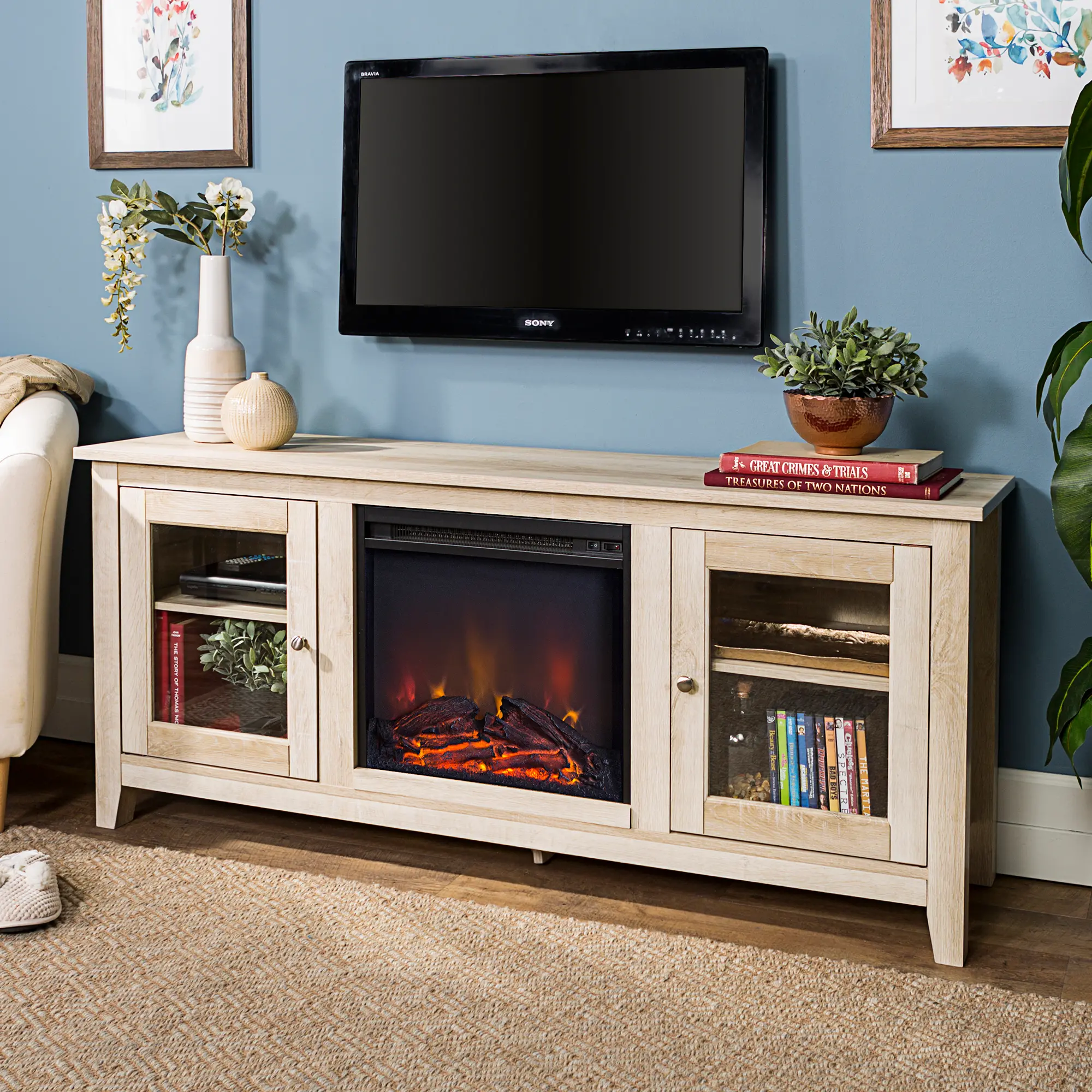 Photos - Mount/Stand Walker Edison White Oak Traditional 58 Inch Fireplace TV Stand - Walker Ed 
