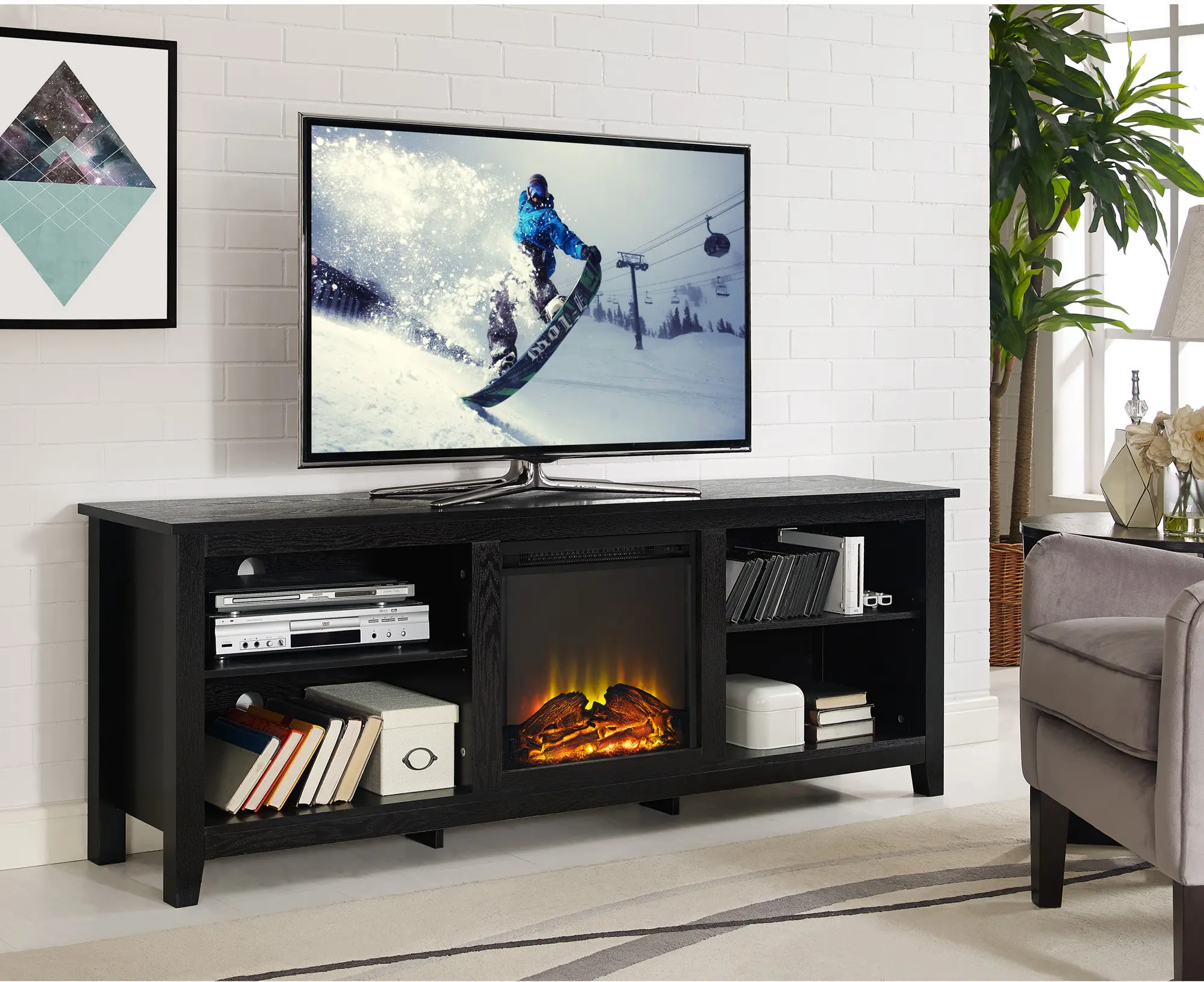 Black 70 Inch Rustic Fireplace TV Stand