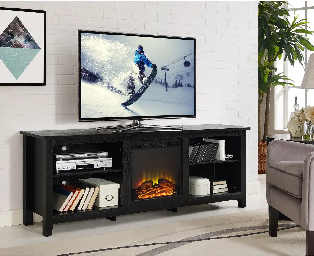 W70FP18BL Black 70 Inch Rustic Fireplace TV Stand-1