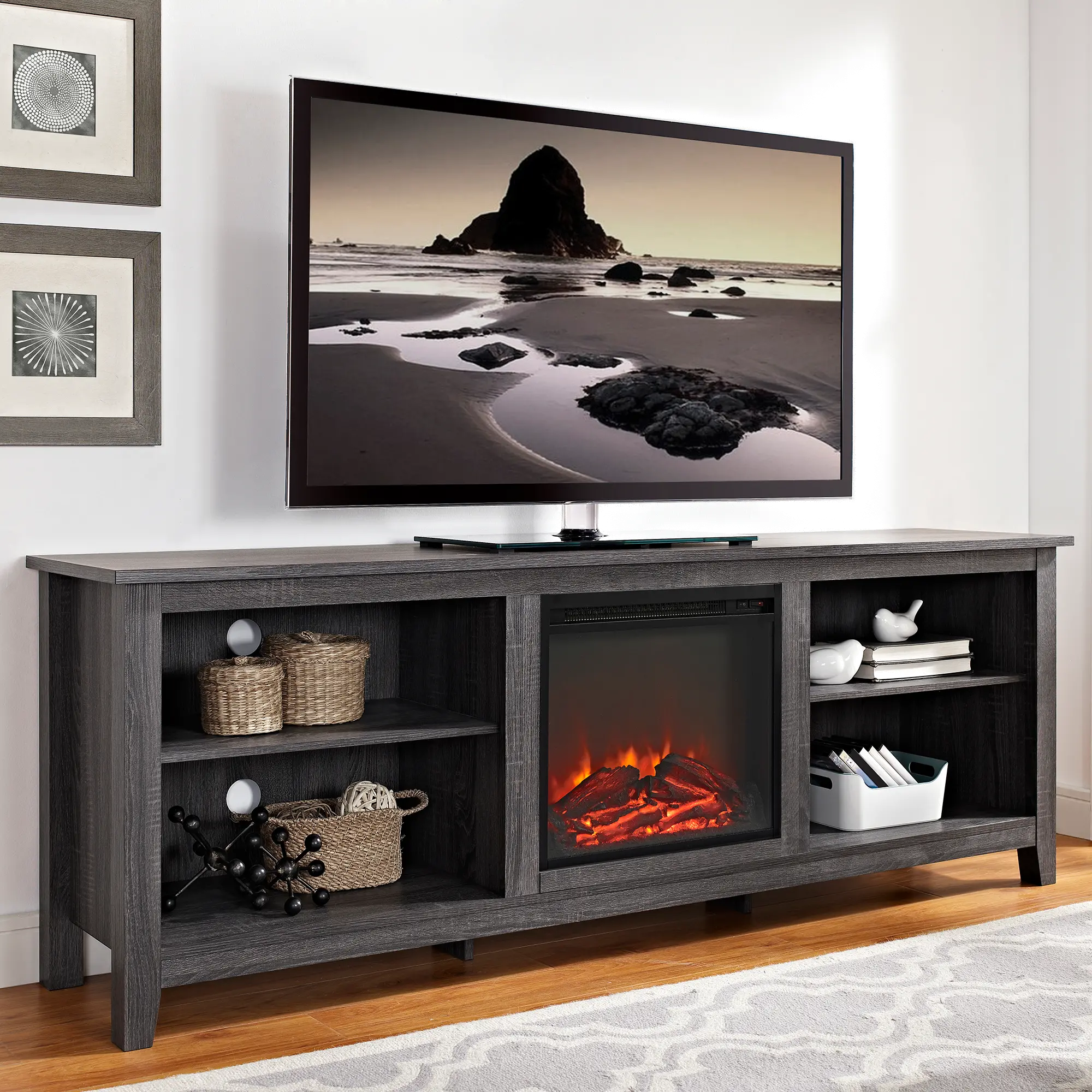 Charcoal 70 Inch Rustic Fireplace TV Stand