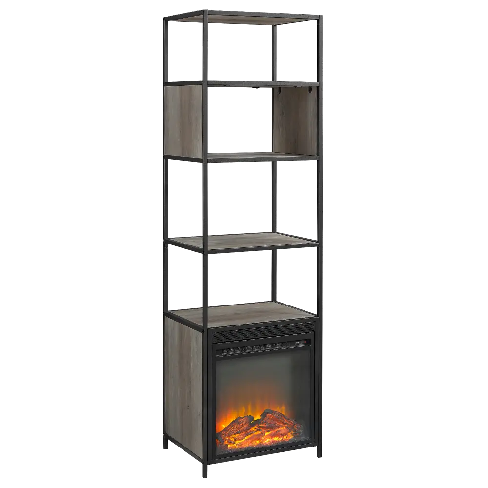 AF70FPJERGW Industrial Metal and Gray Wood 70 Inch Bookshelf with Fireplace-1