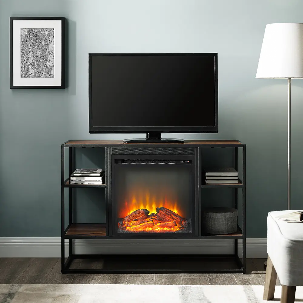 W40FPJERDW Industrial 40 Inch Metal and Brown Wood Fireplace TV Stand-1