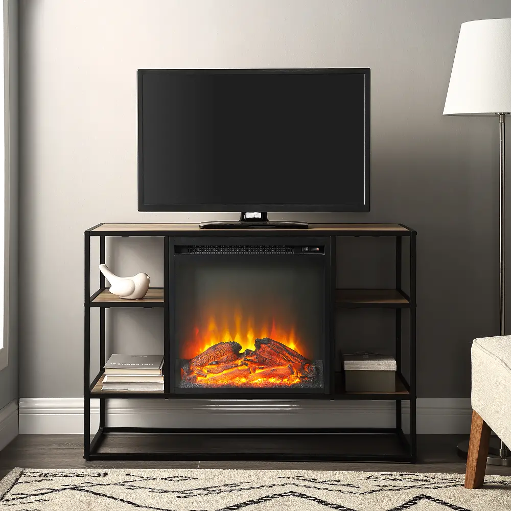 W40FPJERRO Industrial 40 Inch Metal and Rustic Oak Wood Fireplace TV Stand-1