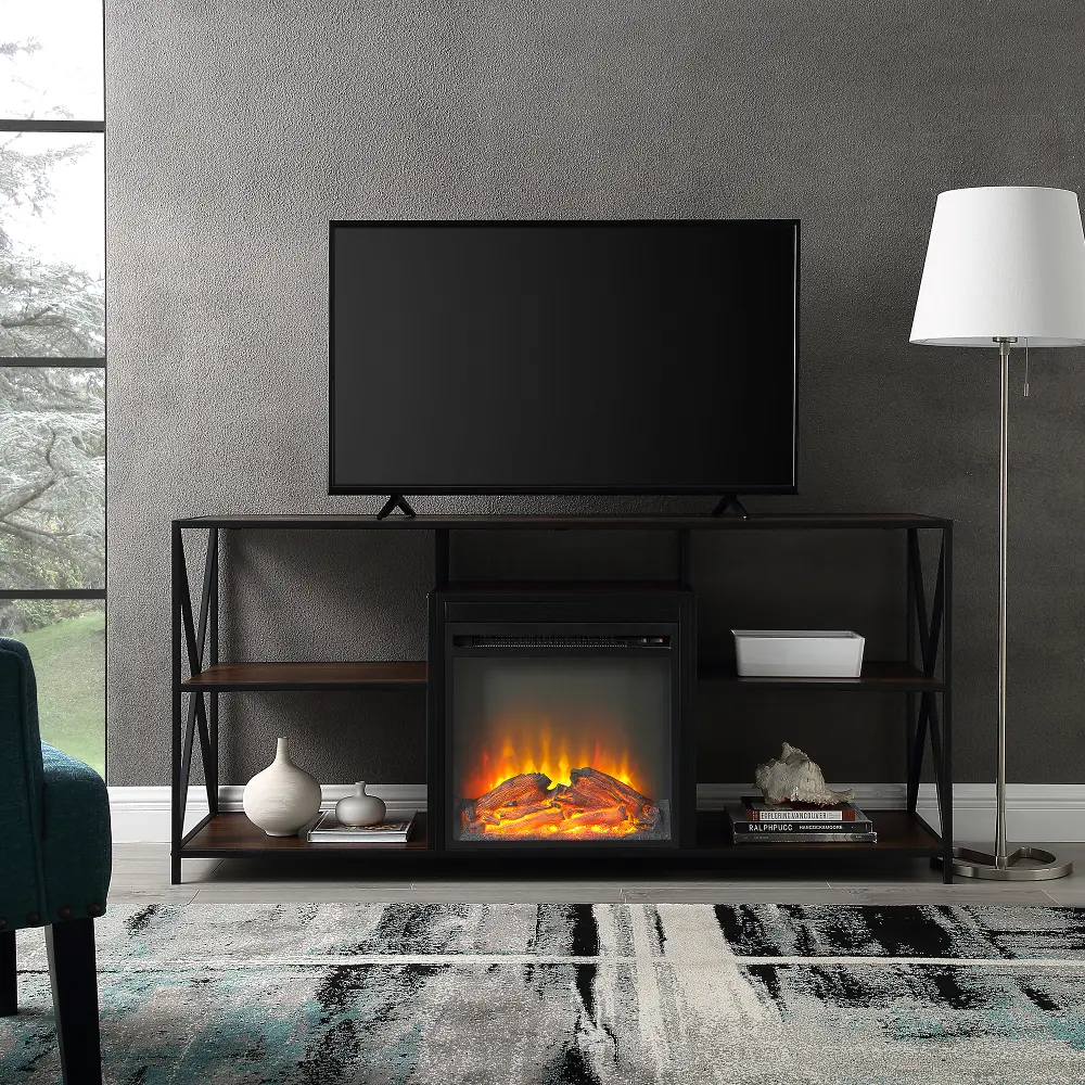 W60FPXFJDW Dark Walnut Industrial 60 Inch Fireplace TV Stand-1