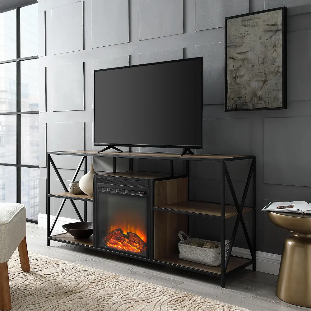 W60FPXFJRO Rustic Oak Industrial 60 Inch Fireplace TV Stand-1