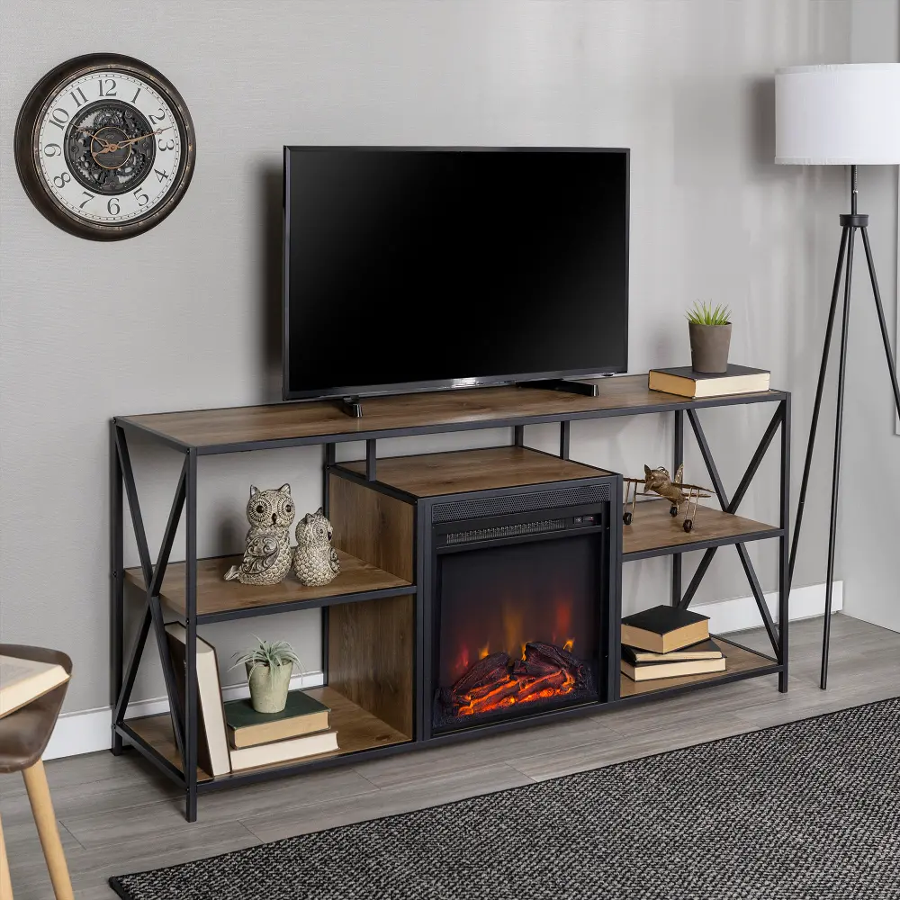 W60FPMAINBW Barnwood Industrial 60 Inch Fireplace TV Stand-1