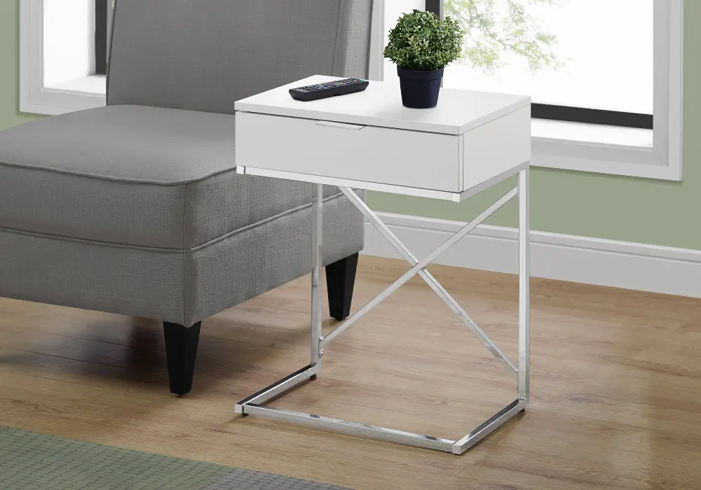 White and Chrome Drawer Top Metal Accent Table-1