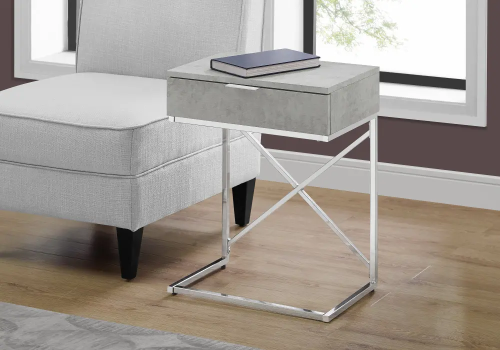 Cement Gray and Chrome Drawer Top Metal Accent Table-1