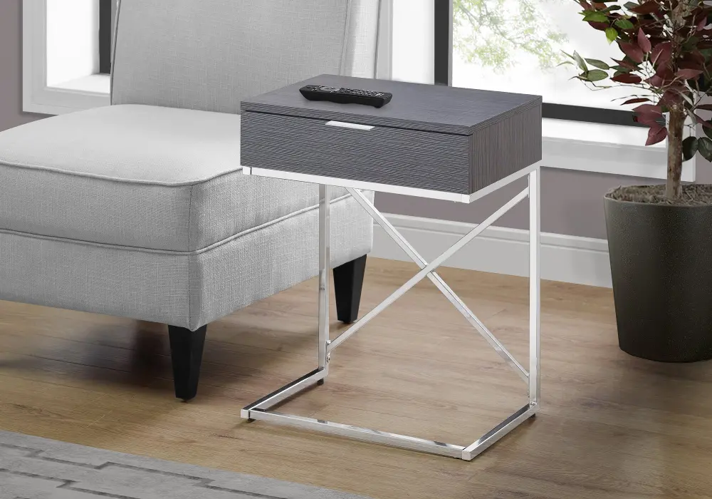 Dark Gray and Chrome Drawer Top Metal Accent Table-1