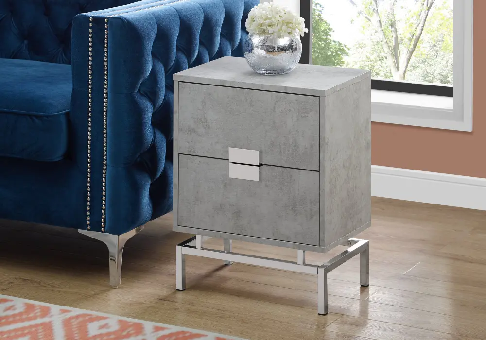 Cement Gray and Chrome End Table with Drawers-1