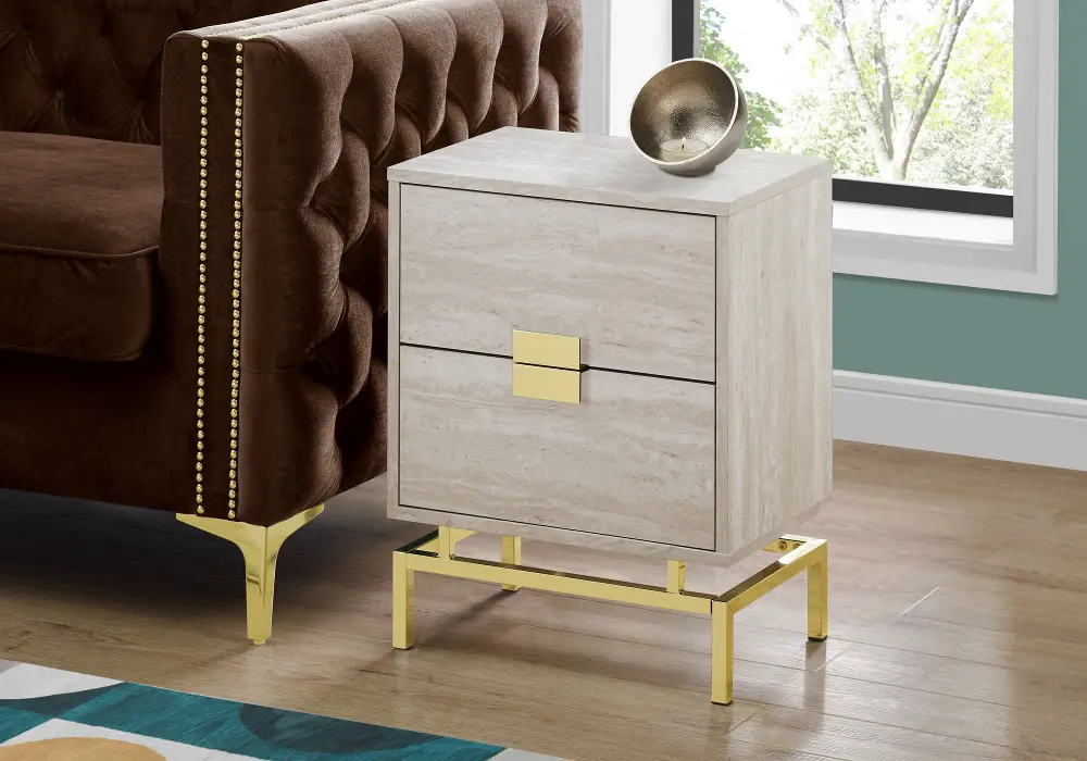 Beige and Gold End Table with Drawers-1