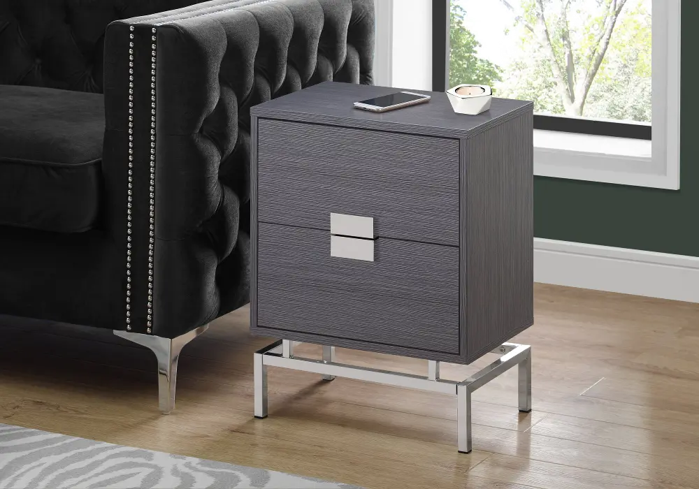 Dark Gray and Chrome End Table with Drawers-1