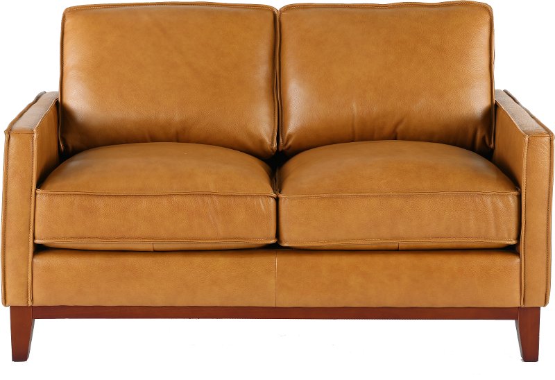 Mid Century Modern Camel Brown Leather, Small Leather Loveseat