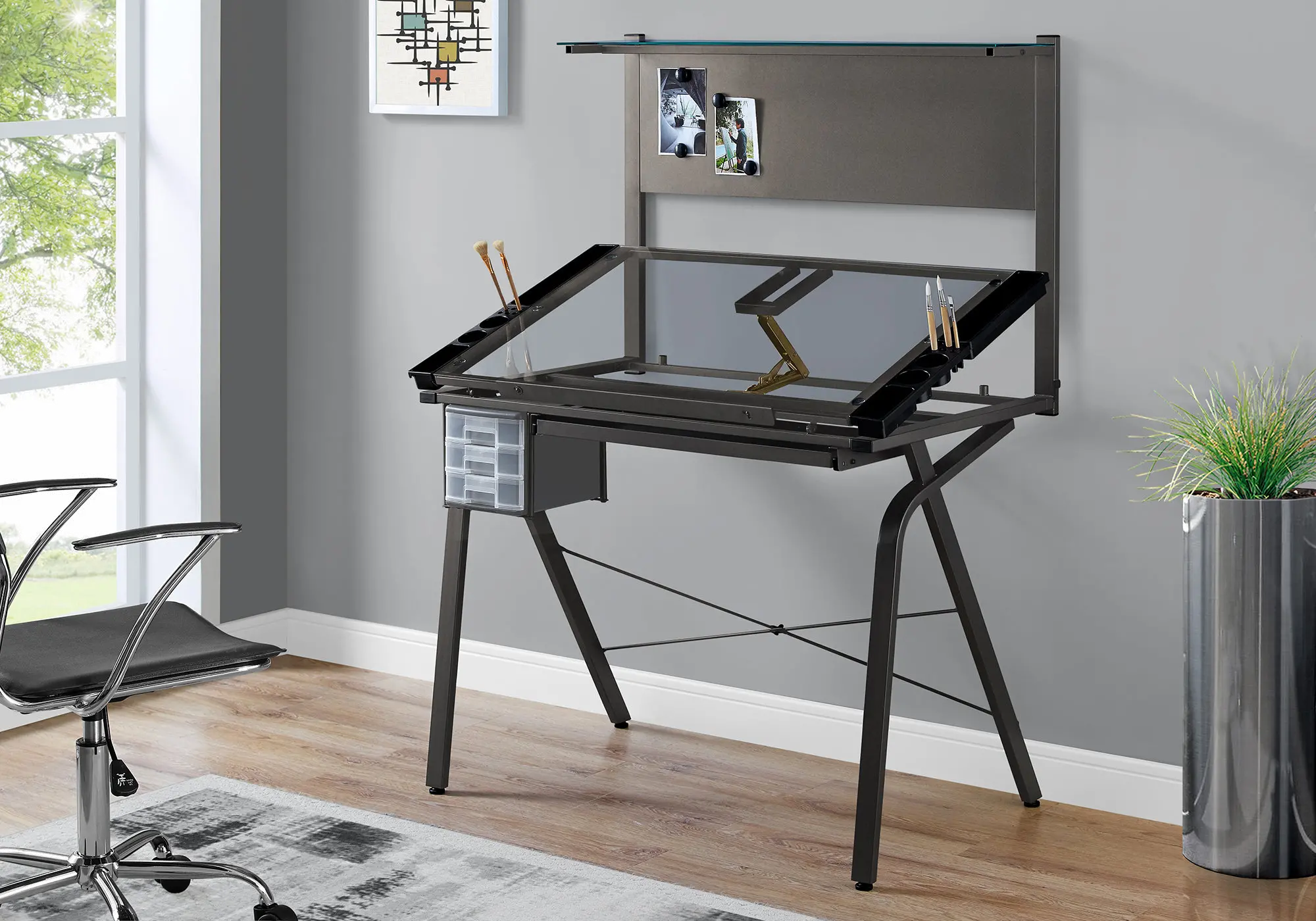 Gray Tempered Glass and Metal Adjustable Drafting Table
