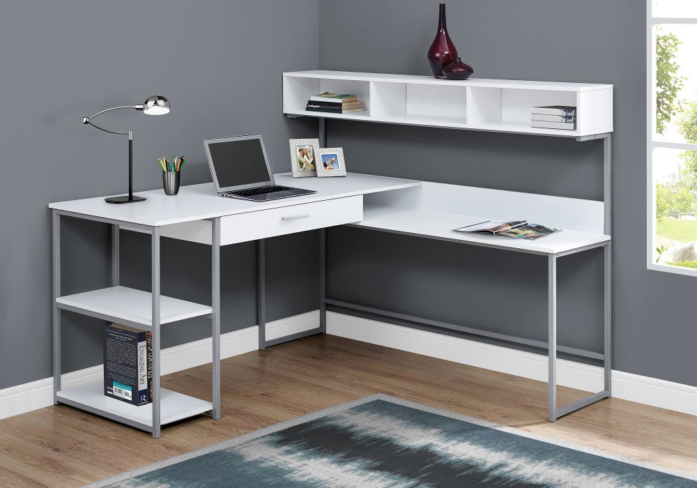 White and Silver Metal Corner Computer Desk