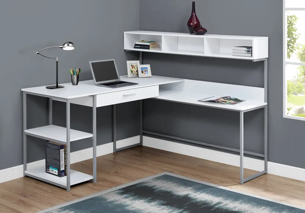 White and Silver Metal Corner Computer Desk-1