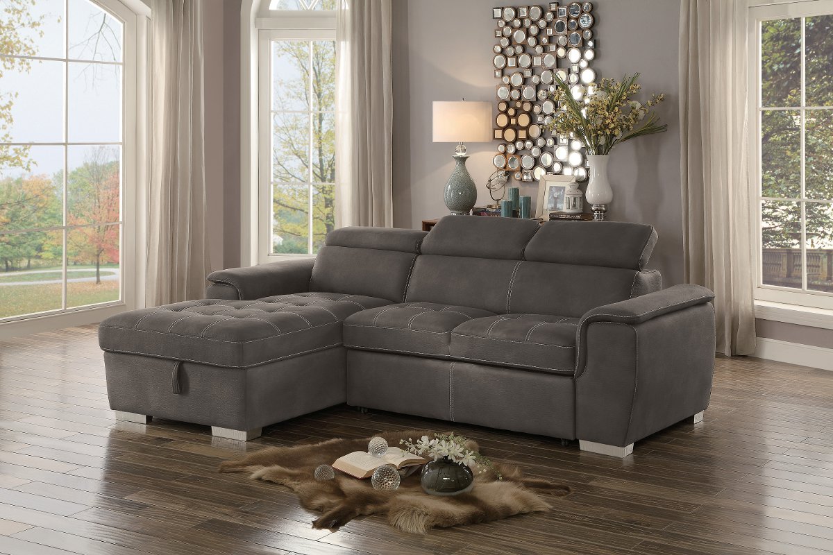 Gray sectional sofa with pullout sofa bed