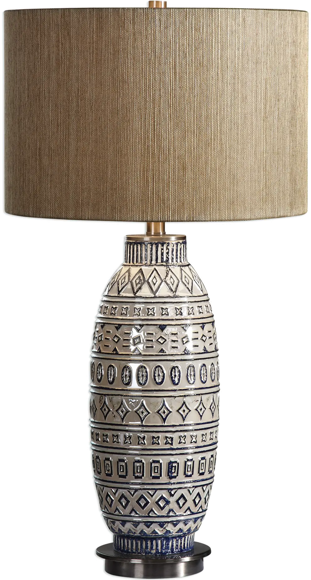 Aged Ivory Ceramic Embossed Tribal Table Lamp-1